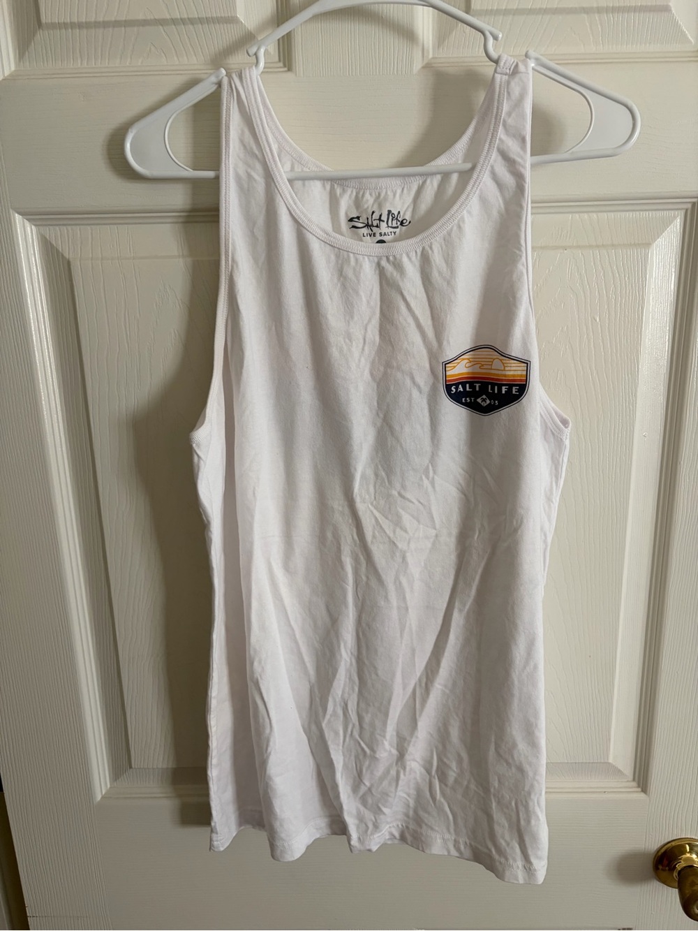 Salt Life White Tank Top with Sunset Shield Logo